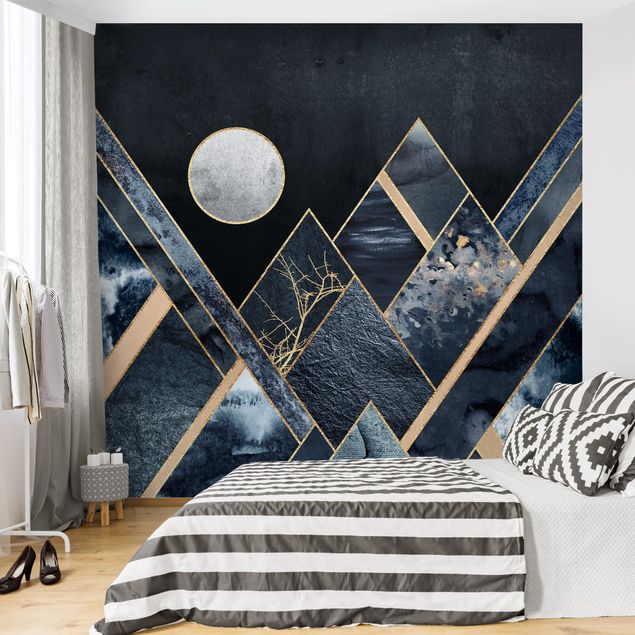 Papier peint moderne Lune dorée Montagnes noires abstraites