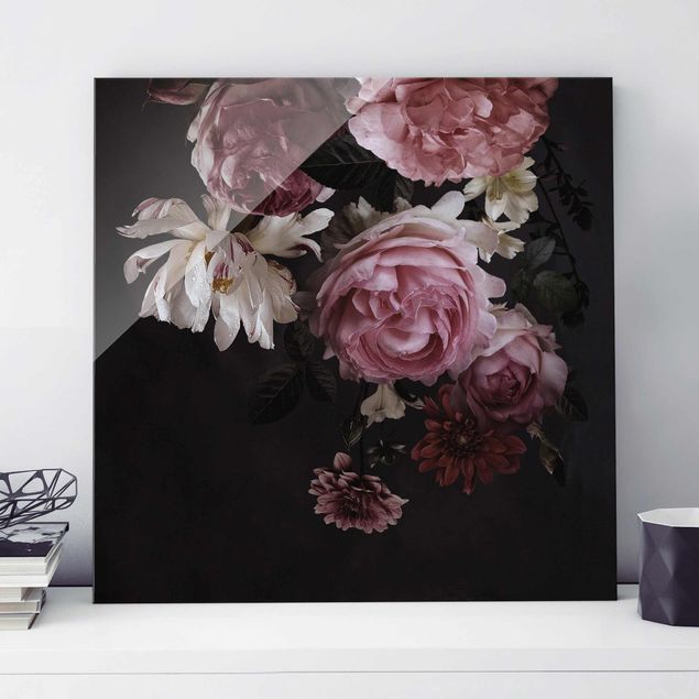 Tableau en verre - Pink Flowers On Black