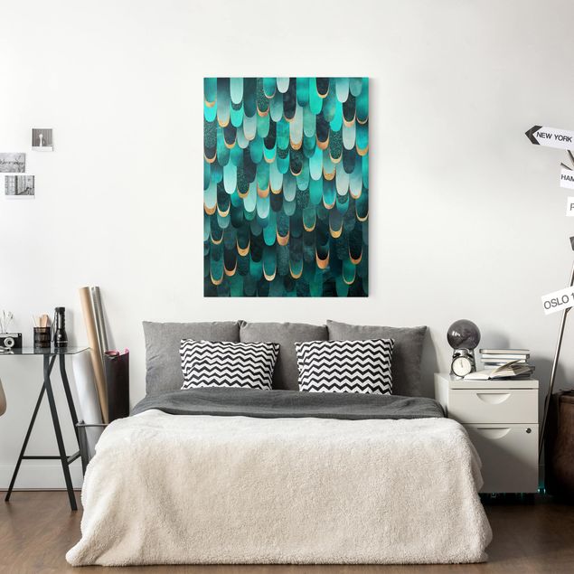 Reproduction tableau impression sur toile Plumes Or Turquoise