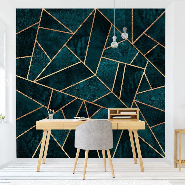 Papier peint motif geometrique Turquoise foncé avec or