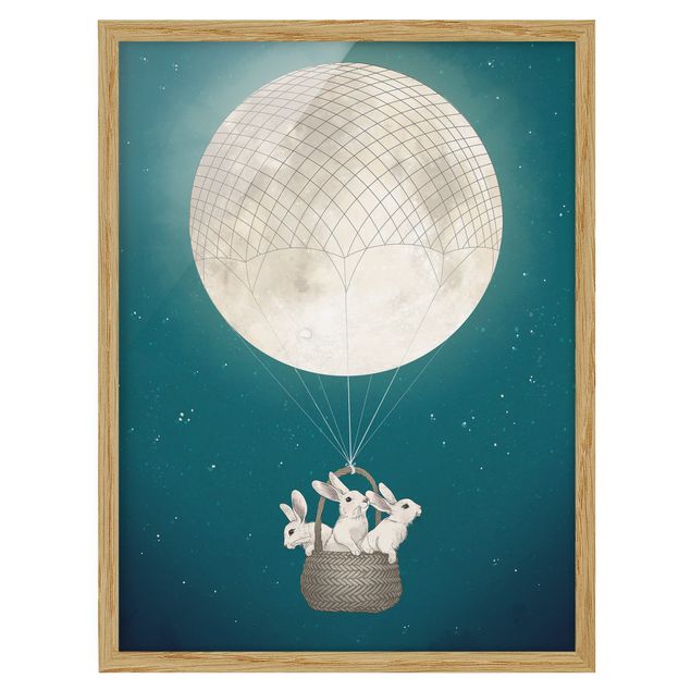 Cadre animaux Illustration Lapins Lune comme Montgolfière Ciel étoilé