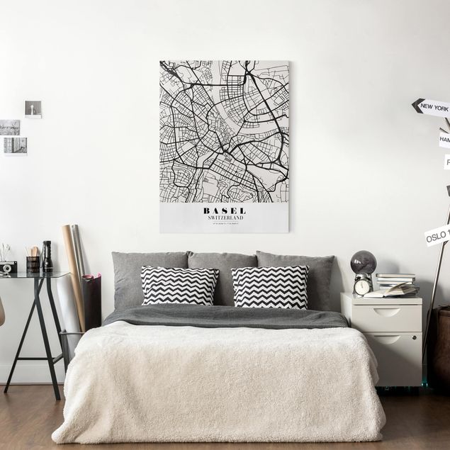 Tableaux sur toile en noir et blanc Plan de la ville de Bâle - Classique