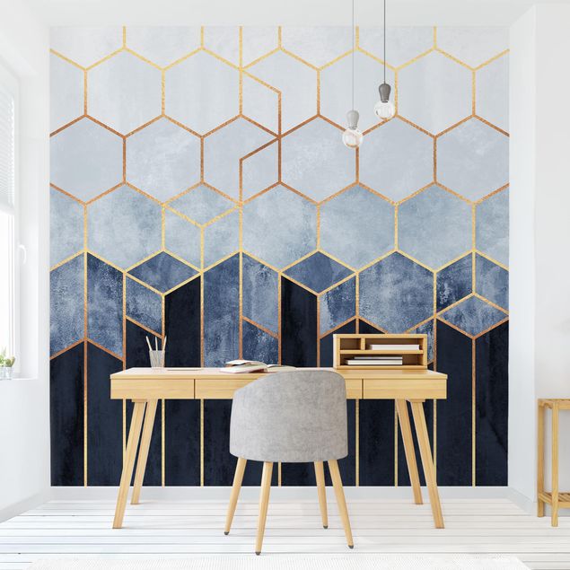 Papier peint moderne Hexagones d'or bleu blanc