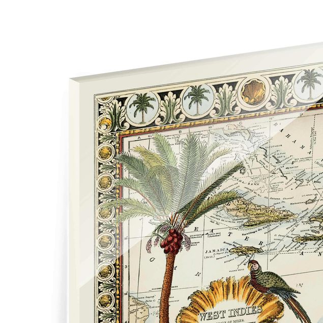 Tableaux en verre fleurs Carte Vintage Tropicale Antilles