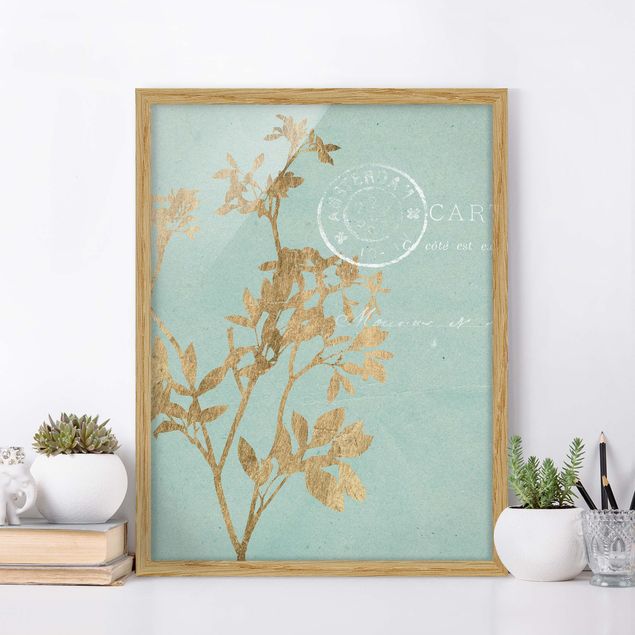 Affiches encadrées fleurs Feuilles d'or sur turquoise I