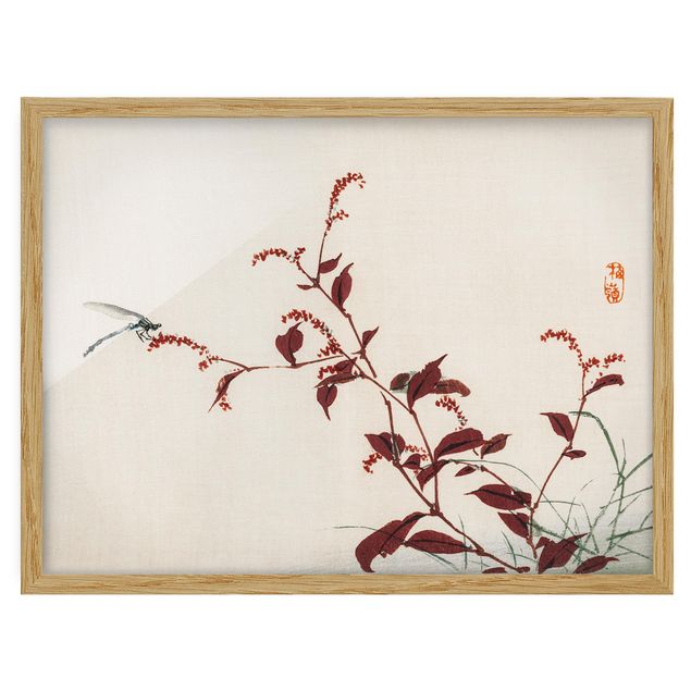 Tableaux florals Dessin vintage asiatique Branche rouge avec libellule