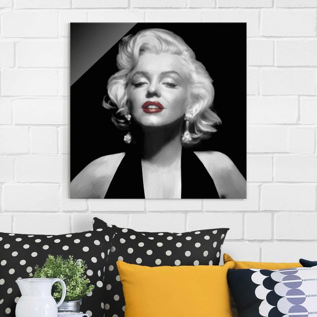 Tableaux en verre noir et blanc Marilyn aux lèvres rouges