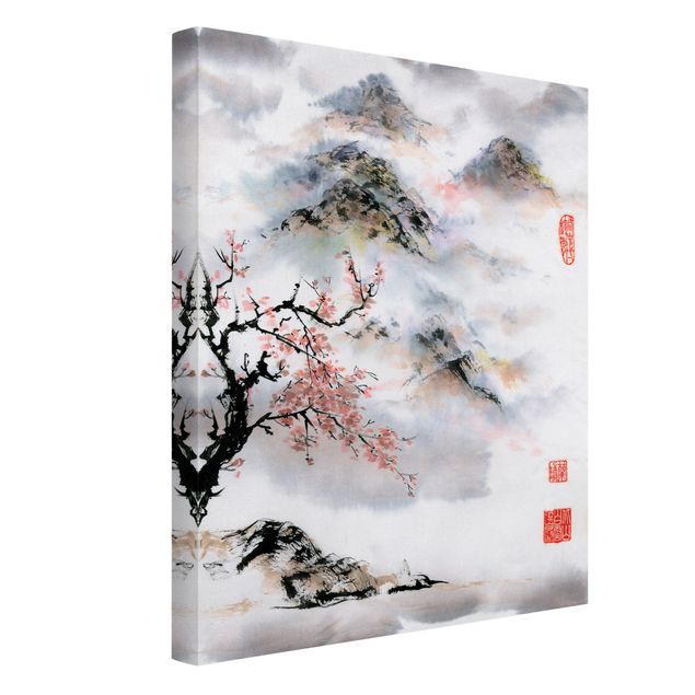 Tableaux montagnes Dessin aquarelle japonais Cerisier et montagnes