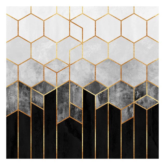 papier peint graphique Hexagones d'or noir et blanc