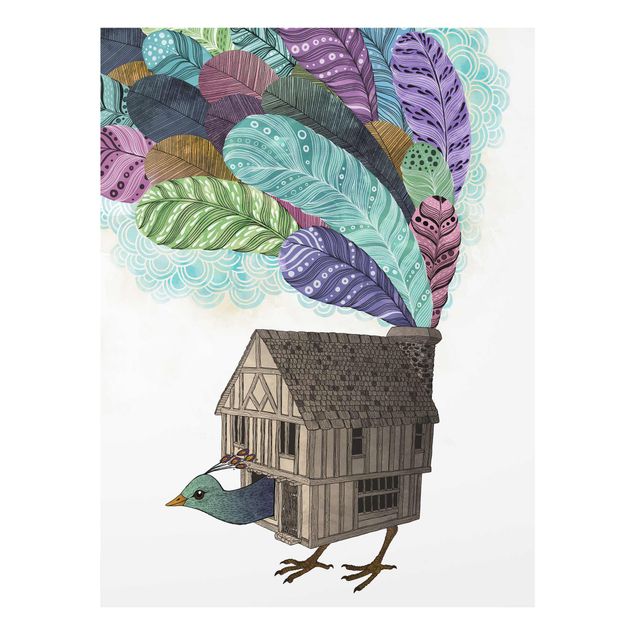 Tableau plume Illustration Maison d'Oiseaux avec Plumes