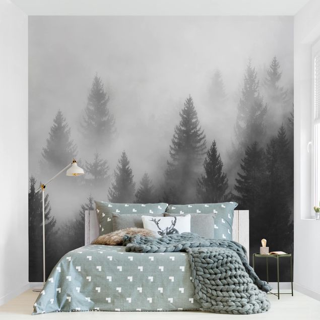 tapisserie panoramique Forêt de conifères dans le brouillard Noir et blanc