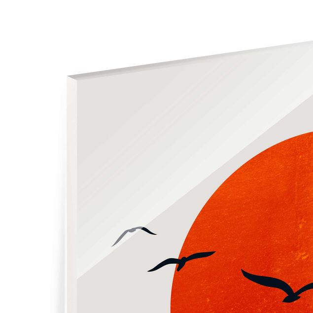 Tableau dominante rouge Volée d'oiseaux devant le soleil rouge I