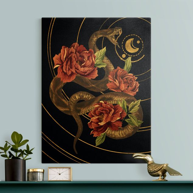 Tableaux animaux Serpent avec Roses Noir Et Or II