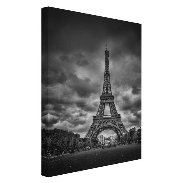 Tableau toile ville Tour Eiffel devant des nuages en noir et blanc