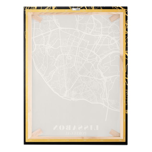 Tableau sur toile or - Lisbon City Map - Classic Black