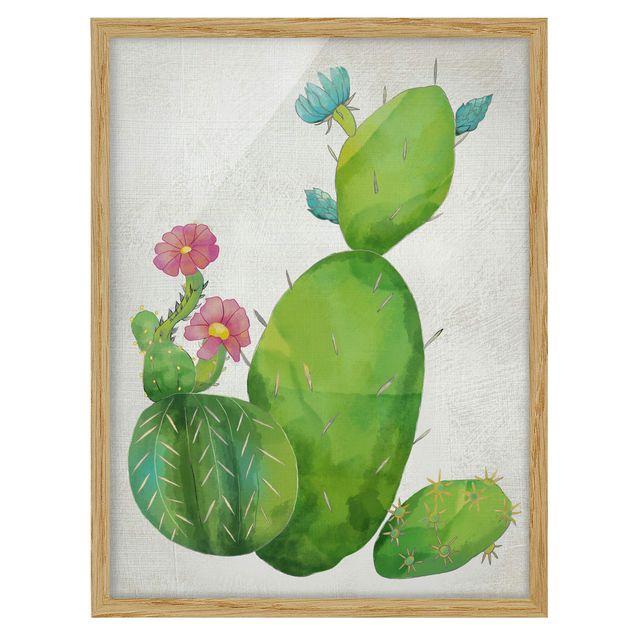 Tableau fleurs Famille de cactus en rose et turquoise