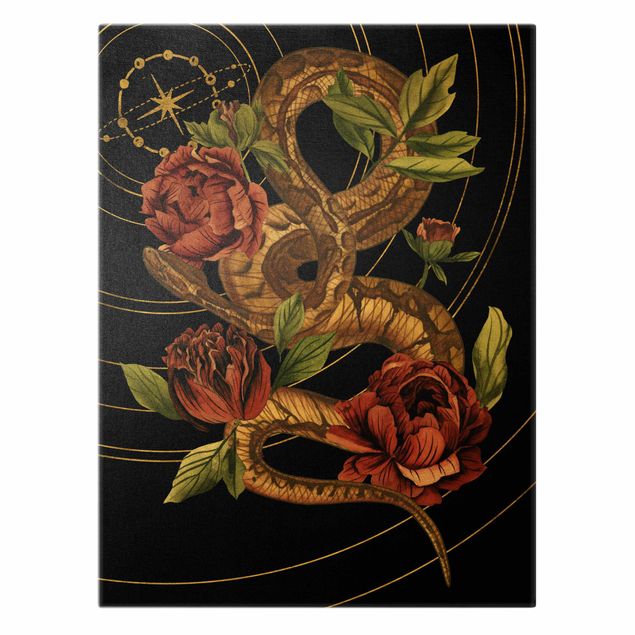 Toile murale Serpent avec Roses Noir Et Or IV