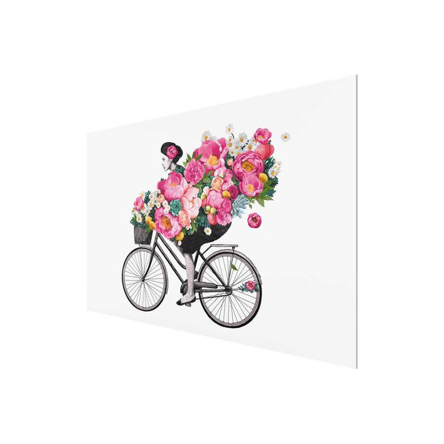 Tableau rose Illustration Femme à Bicyclette Collage Fleurs Colorées