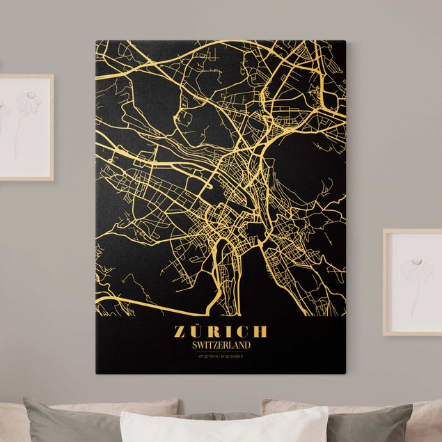 Tableau carte du monde Plan de ville de Zurich - Noir classique