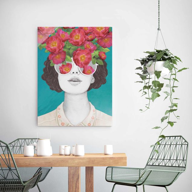 Déco mur cuisine Illustration Portrait Femme Collage avec Fleurs Lunettes