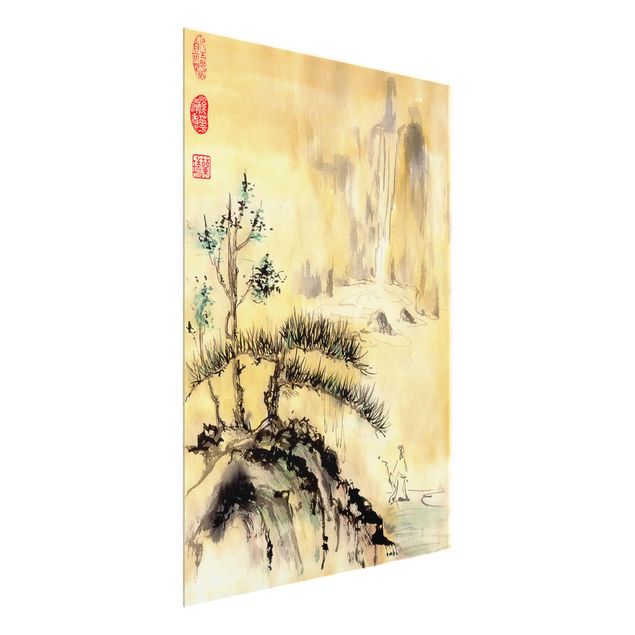 Tableau paysage Dessin aquarelle japonais Cèdres et montagnes