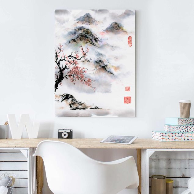 Tableau paysage Dessin aquarelle japonais Cerisier et montagnes
