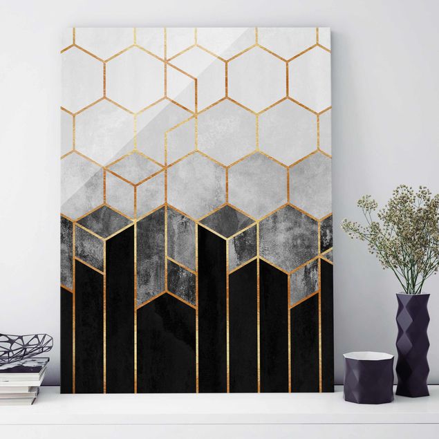 Tableau en verre - Golden Hexagons Black And White