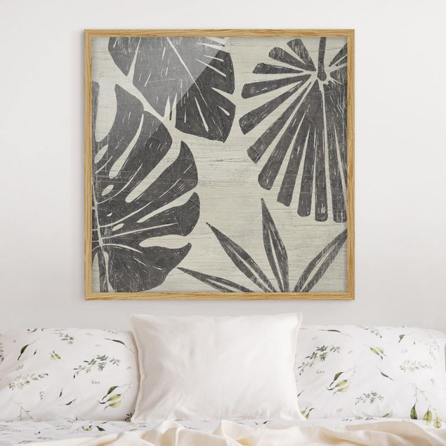 Affiches encadrées fleurs Feuilles de palmier sur fond gris clair