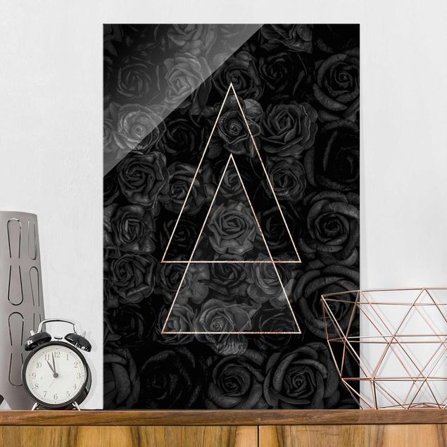 Tableaux en verre roses Rose noire dans un triangle d'or
