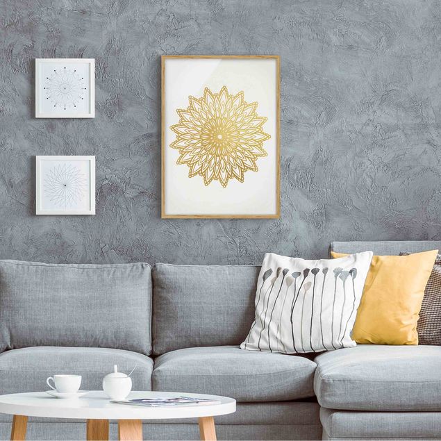 Tableaux moderne Illustration Mandala Soleil Or Blanc