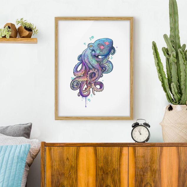 Tableaux poissons Illustration Pieuvre Violet Turquoise Peinture