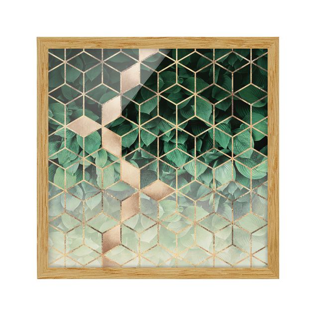 Tableaux dessins Feuilles vertes Géométrie dorée