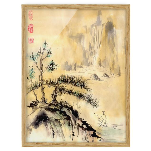 Tableau montagne Dessin aquarelle japonais Cèdres et montagnes