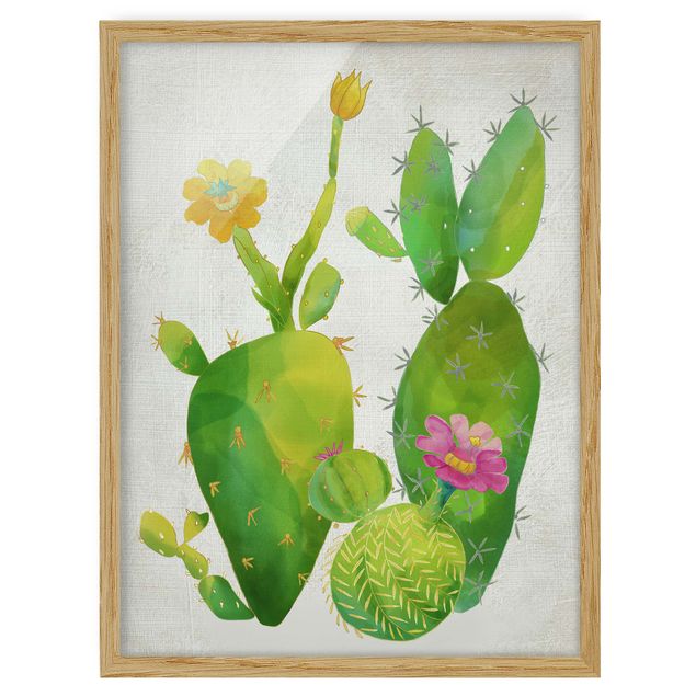 Tableau fleurs Famille de cactus en rose et jaune