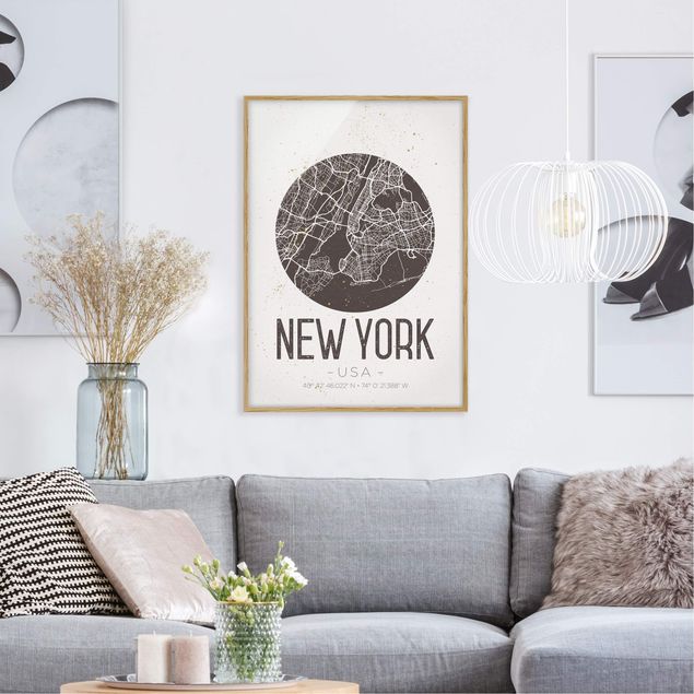 Tableaux encadrés noir et blanc Plan de la ville de New York - Rétro