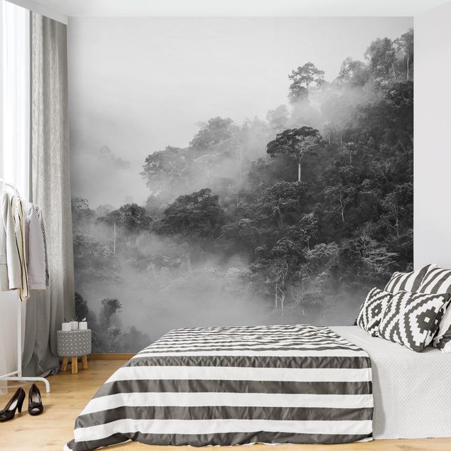 tapisserie panoramique Jungle Dans Le Brouillard Noir Et Blanc