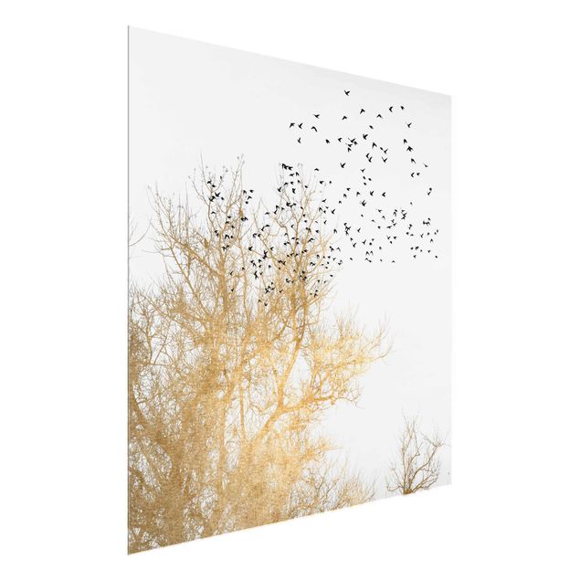 Tableau moderne Foule d'oiseaux devant un arbre doré
