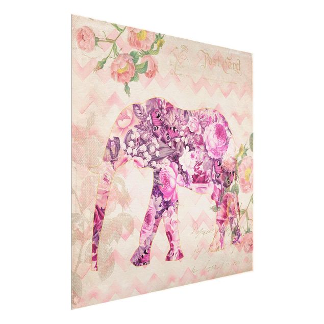Tableaux papillons Collage vintage - Fleurs roses éléphant