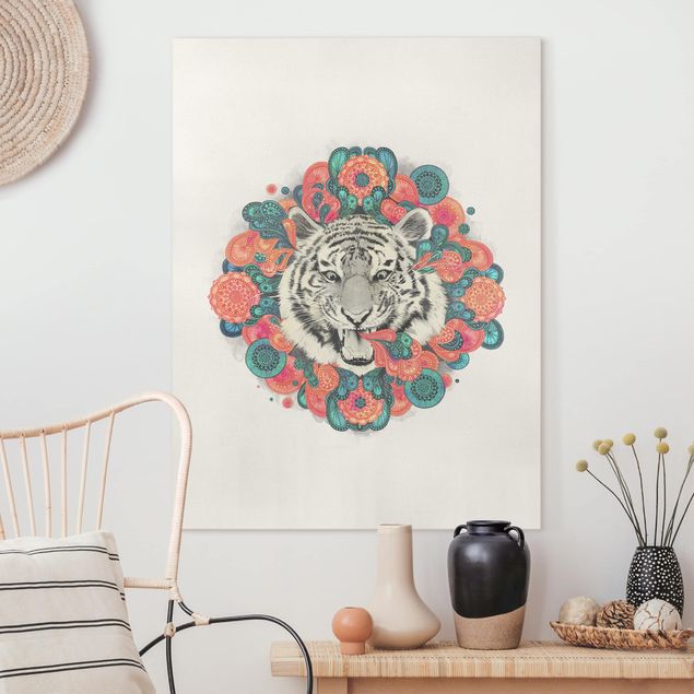 Tableau rose Illustration Tigre Dessin Mandala Paisley