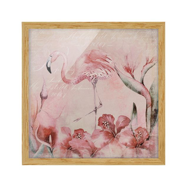 Tableau floral mural Collage Shabby Chic - Flamingo