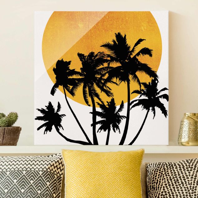 Déco murale cuisine Palmiers devant un soleil doré