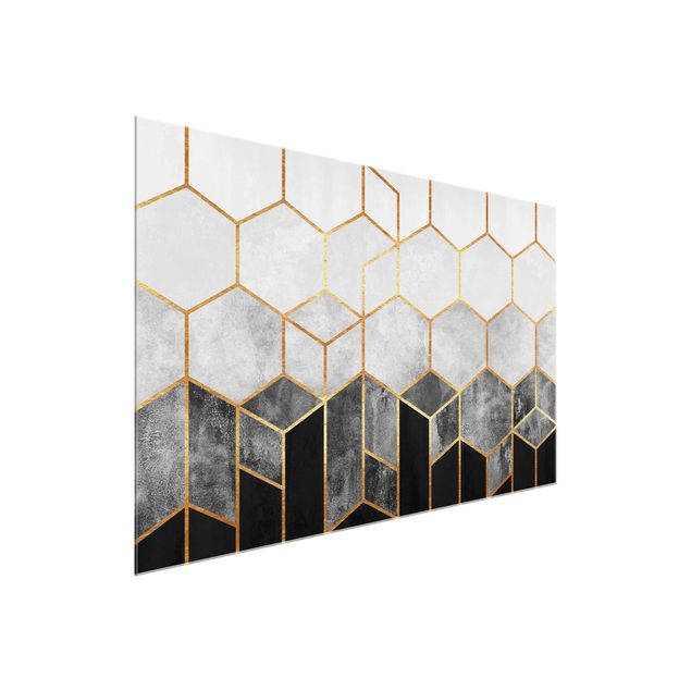 Tableaux en verre abstraits Hexagones d'or noir et blanc