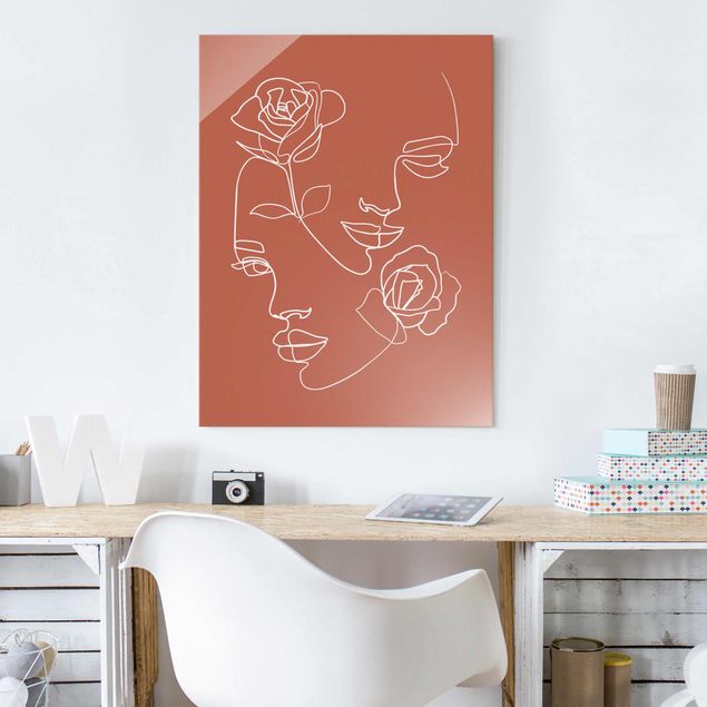 Tableaux en verre roses Line Art Visages Femmes Roses Cuivre