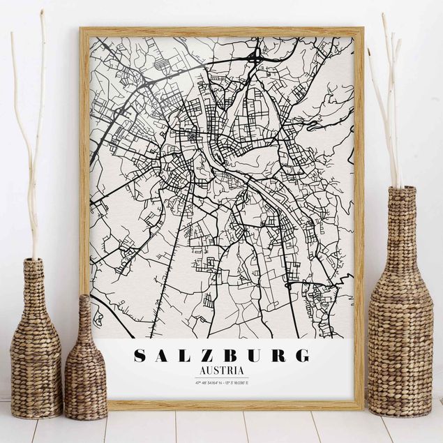 Tableaux encadrés noir et blanc Plan de ville de Salzbourg - Classique