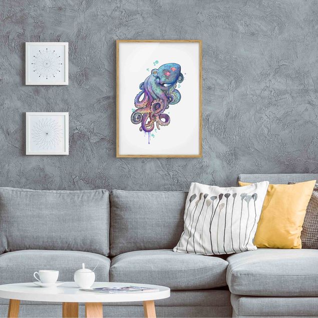 Affiches encadrées animaux Illustration Pieuvre Violet Turquoise Peinture