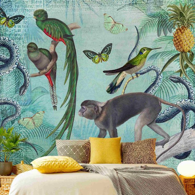 Tapisserie moderne Collage de style colonial - Singes et oiseaux de paradis