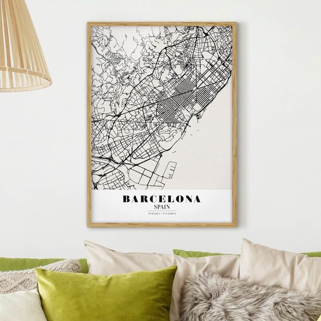 Tableaux encadrés noir et blanc Plan de ville de Barcelone - Classique