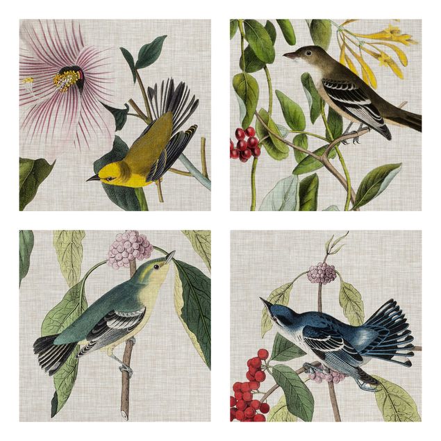 tableaux floraux Oiseaux sur lin lot II
