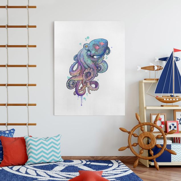 Déco mur cuisine Illustration Pieuvre Violet Turquoise Peinture