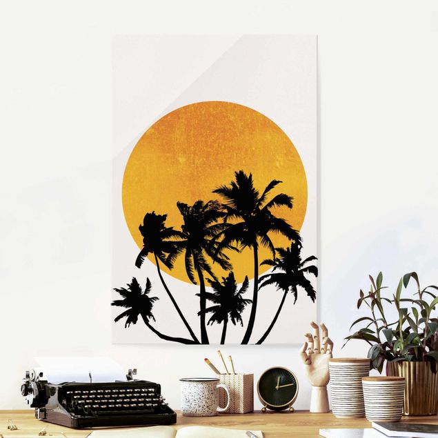 Déco murale cuisine Palmiers devant un soleil doré